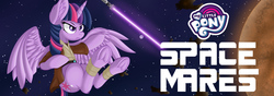 Size: 1000x350 | Tagged: safe, artist:sethisto, twilight sparkle, alicorn, pony, equestria daily, g4, april fools, april fools 2019, banner, female, jedi, lightsaber, mare, my little pony logo, planet, solo, space, space mares, space mares daily, star wars, stars, twilight sparkle (alicorn), weapon