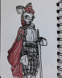 Size: 2448x3060 | Tagged: safe, artist:rockhoppr3, apple bloom, semi-anthro, g4, arm hooves, armor, cape, clothes, cmc cape, female, high res, older, solo, sword, traditional art, weapon