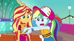 Size: 1920x1080 | Tagged: safe, screencap, rainbow dash, sunset shimmer, equestria girls, equestria girls series, g4, spring breakdown, spoiler:eqg series (season 2), baseball cap, beads, cap, choker, clothes, cruise outfit, duo, duo female, female, geode of empathy, geode of super speed, hat, lifejacket, magical geodes, pants, ponytail, wristband, yacht