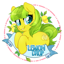 Size: 2500x2500 | Tagged: safe, artist:onnanoko, oc, oc only, oc:lemon drop, earth pony, pony, banner, commissioner:lemondrop, cute, female, food, fruit, get, grin, high res, index get, leaning, lemon, looking at you, mare, ocbetes, simple background, smiling, solo, sparkles, transparent background