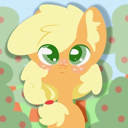 Size: 2048x2048 | Tagged: safe, artist:dodsie, applejack, earth pony, pony, g4, apple tree, blushing, bust, colored pupils, cute, ear fluff, eye clipping through hair, female, freckles, frown, high res, jackabetes, looking at you, mare, orchard, portrait, solo, tree