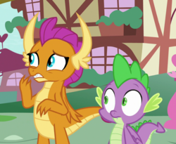 Size: 1099x900 | Tagged: safe, screencap, smolder, spike, dragon, father knows beast, g4, cropped, dragoness, female, wide eyes