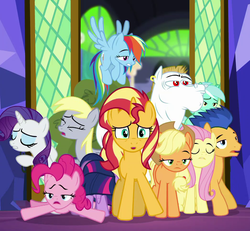 Size: 1046x968 | Tagged: safe, screencap, applejack, bulk biceps, derpy hooves, flash sentry, fluttershy, lyra heartstrings, pinkie pie, rainbow dash, rarity, sunset shimmer, twilight sparkle, earth pony, pegasus, pony, unicorn, equestria girls, equestria girls specials, g4, my little pony equestria girls: better together, my little pony equestria girls: spring breakdown, applejack's hat, cowboy hat, cropped, cutie mark, doppelganger, equestria girls ponified, eyes closed, female, hat, human pony applejack, human pony dash, human pony derpy, human pony flash sentry, human pony fluttershy, human pony pinkie pie, human pony rarity, humane five, humane seven, humane six, it happened, male, mare, ponified, this will not end well, twilight's castle, unicorn sci-twi, wings