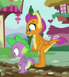 Size: 469x520 | Tagged: safe, screencap, smolder, spike, dragon, father knows beast, g4, my little pony: friendship is magic, cropped, dragoness, female, male