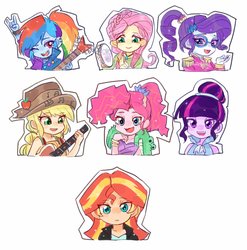 Size: 1010x1024 | Tagged: safe, artist:keeerooooo1, applejack, fluttershy, gummy, pinkie pie, rainbow dash, rarity, sunset shimmer, twilight sparkle, equestria girls, friendship through the ages, g4, my little pony equestria girls: rainbow rocks, bare shoulders, bracelet, bust, country applejack, devil horn (gesture), female, folk fluttershy, guitar, humane five, humane seven, humane six, jewelry, looking at you, musical instrument, new wave pinkie, one eye closed, open mouth, outline, rainbow punk, sgt. rarity, simple background, smiling, tambourine, white background, wink