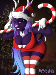Size: 1050x1400 | Tagged: safe, artist:namelesstrickster, oc, oc only, anthro, armpits, candy, candy cane, christmas, clothes, food, hat, holiday, lollipop, santa hat, socks, solo, striped socks