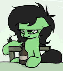 Size: 559x633 | Tagged: safe, artist:plunger, oc, oc only, oc:filly anon, pony, 4chan, alcohol, beer, bottle, female, filly, simple background, sitting, unamused