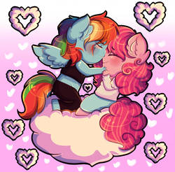 Size: 901x886 | Tagged: safe, artist:karsismf97, pinkie pie, rainbow dash, earth pony, pegasus, anthro, g4, blushing, chibi, clothes, cloud, cute, dashabetes, eyes closed, female, heart, kissing, lesbian, mare, nose kiss, pink background, ship:pinkiedash, shipping, simple background, wings