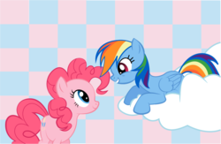 Size: 849x554 | Tagged: safe, artist:audoubled, pinkie pie, rainbow dash, earth pony, pegasus, pony, g4, cloud, female, lesbian, looking at each other, mare, shipping, smiling, vector