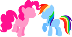 Size: 500x257 | Tagged: safe, artist:audoubled, pinkie pie, rainbow dash, earth pony, pegasus, pony, g4, female, hooves, lesbian, lineless, mare, minimalist, missing cutie mark, modern art, raised hoof, ship:pinkiedash, shipping, simple background, transparent background, wings