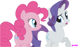 Size: 1024x613 | Tagged: safe, artist:audoubled, pinkie pie, rarity, earth pony, pony, unicorn, dragonshy, g4, female, mare, open mouth, raised hoof, simple background, smiling, transparent background