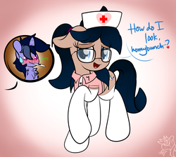 Size: 3000x2689 | Tagged: dead source, safe, artist:php142, oc, oc only, oc:crescend cinnamon, oc:purple flix, pony, accessory, bedroom eyes, blood, blushing, clothes, cute, female, glasses, gradient background, high res, male, nosebleed, nurse, nurse outfit, ponytail, sick, simple background, solo, stockings, thermometer, thigh highs