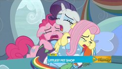 Size: 1280x720 | Tagged: safe, screencap, fluttershy, pinkie pie, rainbow dash, rarity, tank, tortoise, g4, tanks for the memories, bed, card, clothes, crying, dashie slippers, mirror, pillow, shoes, slippers, tank slippers