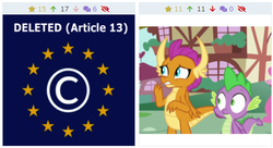 Size: 502x274 | Tagged: safe, screencap, smolder, spike, dragon, derpibooru, father knows beast, g4, april fools, april fools 2019, article 13, dragoness, female, juxtaposition, male, meta, ponyville, wide eyes, winged spike, wings