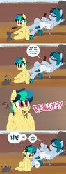 Size: 1563x4096 | Tagged: safe, artist:shinodage, oc, oc only, oc:apogee, oc:delta vee, oc:houston, mouse, pegasus, pony, april fools, armpits, bitch, bottle, clothes, comic, cruel, disappointed, drinking, eyes closed, feels, female, filly, floppy ears, freckles, mare, mood whiplash, mother and daughter, open mouth, playing dead, right in the feels, sitting, speech bubble, wing hands