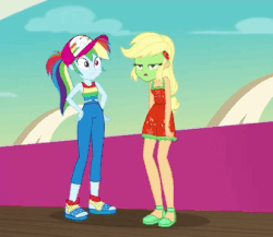 Size: 414x359 | Tagged: safe, screencap, applejack, rainbow dash, seagull, equestria girls, equestria girls specials, g4, my little pony equestria girls: better together, my little pony equestria girls: spring breakdown, animated, clothes, cruise, female, green face, pants, seasickness, sleeveless, tank top, vomiting