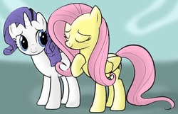 Size: 734x473 | Tagged: safe, artist:mast88, fluttershy, rarity, pegasus, pony, unicorn, g4, duo, eyes closed, female, folded wings, hoof on chest, mare, smiling, standing, three quarter view, wings