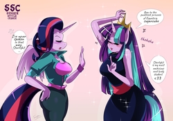 Size: 2173x1512 | Tagged: safe, artist:traupa, starlight glimmer, twilight sparkle, alicorn, unicorn, anthro, g4, alternate hairstyle, breasts, busty starlight glimmer, busty twilight sparkle, clothes, cross-popping veins, crown, duo, eyes closed, female, imitation, jewelry, mane swap, mare, regalia, smiling, sudden style change, twilight sparkle (alicorn)