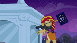 Size: 888x500 | Tagged: safe, edit, edited screencap, screencap, sunset shimmer, equestria girls, g4, my little pony equestria girls, april fools, april fools 2019, article 13, clothes, evil smile, female, glare, grin, hammer, looking at you, meta, reaching, skirt, smiling, smirk, solo, statue