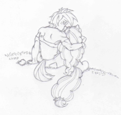 Size: 898x852 | Tagged: safe, artist:shippingwarguy, adagio dazzle, big macintosh, satyr, g4, adagintosh, arms on shoulders, female, grass, hug, implied crying, implied suicide attempt, male, muscles, sad, scar, shipping, sitting, size difference, straight, wristband