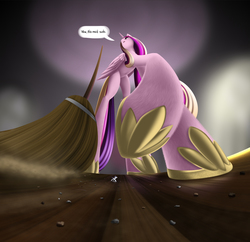 Size: 2175x2107 | Tagged: safe, artist:styroponyworks, princess cadance, shining armor, alicorn, pony, g4, broom, dialogue, female, high res, hoof shoes, husband and wife, low angle, macro/micro, male, perspective, raised hoof, shrunk, speech bubble, tiny