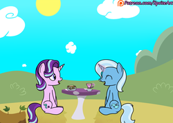 Size: 1400x1000 | Tagged: safe, artist:spritepony, starlight glimmer, trixie, pony, g4, cup, food, magic, patreon, patreon link, patreon logo, sandwich, sitting, tea, teacup, telekinesis