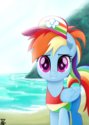 Size: 3500x4880 | Tagged: safe, artist:theretroart88, rainbow dash, pegasus, pony, equestria girls, equestria girls specials, g4, my little pony equestria girls: better together, my little pony equestria girls: spring breakdown, absurd resolution, beach, clothes, equestria girls outfit, female, human pony dash, movie accurate, ocean, sand, solo, swimsuit