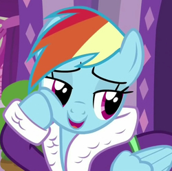 Size: 681x678 | Tagged: safe, screencap, rainbow dash, pegasus, pony, applejack's "day" off, g4, adorasexy, bathrobe, cheek squish, clothes, cropped, cute, dashabetes, lidded eyes, robe, sexy, smiling, squishy cheeks