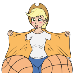 Size: 1400x1400 | Tagged: safe, artist:mkogwheel, applejack, human, g4, april fools, basketball, blushing, clothes, fake breasts, humanized, open clothes, open shirt, shirt, sports, t-shirt, tongue out