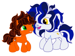 Size: 870x650 | Tagged: safe, artist:guidomista, oc, oc:paid postage, oc:triple shot, earth pony, pony, unicorn, g3, g3.5, art style challenge, chibi, coffee, curls, curly hair, curly mane, curly tail, freckles, gay, green eyes, horn, mail, mailpony, male, markings, ponysona, smiling, spots, spotted, stallion, style challenge, style emulation, yellow eyes