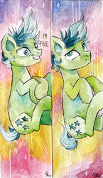 Size: 1024x1770 | Tagged: safe, artist:lailyren, sandbar, earth pony, pony, g4, bookmark, dialogue, falling, male, scrunchy face, solo, traditional art, watercolor painting