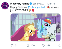 Size: 718x571 | Tagged: safe, applejack, rainbow dash, g4, ashleigh ball, discovery family, meta, text, twitter