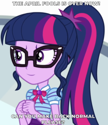 Size: 915x1063 | Tagged: safe, edit, edited screencap, editor:mycarhasamoustache, screencap, sci-twi, twilight sparkle, equestria girls, g4, my little pony equestria girls: better together, text support, april fools, april fools 2019, female, geode of telekinesis, magical geodes, meme, meme cute, ponytail, solo