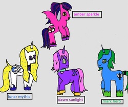Size: 1132x947 | Tagged: safe, artist:ask-luciavampire, oc, oc:amber sparkle, oc:dawn sunlight, oc:lunar mythic, oc:mark hero, bat pony, pony, unicorn, tumblr:ask-the-royal-teens, ask, profile, teenager, tumblr