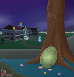 Size: 1290x1341 | Tagged: safe, artist:raspberrystudios, oc, oc:beebee, changeling, pony, fanfic:the bug in the basement, bush, canterlot high, changeling egg, commission, egg, fanfic art, fetus, flower, night, the bug in the basement, tree