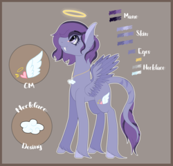 Size: 2000x1929 | Tagged: safe, artist:song-star, oc, oc only, oc:lailah, angel, angel pony, demon, demon pony, original species, pegasus, pony, cloud, fangs, female, gray background, halo, heart, jewelry, mare, markings, necklace, reference sheet, simple background, solo, unshorn fetlocks