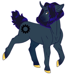Size: 580x630 | Tagged: safe, artist:guidomista, oc, oc only, oc:clockwork, pony, unicorn, art trade, black, black hair, black mane, colored hooves, curved horn, edgy, emo, full body, golden eyes, goth, gothic, hooves, horn, looking at you, male, muscles, raised hoof, raised tail, shiny, shiny hair, shiny mane, simple background, smiling, solo, stallion, tail, transparent background, turned head, walking, yellow, yellow eyes