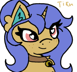 Size: 494x466 | Tagged: safe, artist:tian, oc, oc only, oc:comet dawn, cat pony, original species, pony, unicorn, bell, bell collar, collar, female, heart eyes, mare, solo, transgender, wingding eyes
