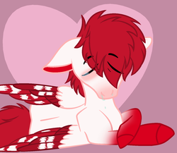 Size: 1247x1080 | Tagged: safe, artist:g-oldenarts, oc, oc only, oc:bloodshot, pegasus, pony, allergic, allergies, art trade, bangs, crossed hooves, crossed legs, crying, cute, eyes closed, feather, floppy ears, gradient legs, gradient markings, hair covering face, hair over eyes, heart, hooves, large wings, lying down, male, markings, nose blush, on side, pegasus oc, puffy eyes, realistic wings, red, red eyes, red nosed, runny nose, sad, simple background, snot, solo, stallion, two toned wings, white, winged, wings