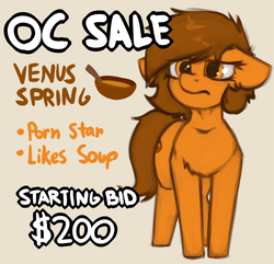 Size: 963x930 | Tagged: safe, artist:marsminer, oc, oc only, oc:venus spring, pony, unicorn, april fools, brown hair, brown mane, brown tail, ears back, female, female oc, floppy ears, frown, hidden horn, horn, mare, mare oc, orange coat, orange eyes, orange fur, orange pony, pony oc, sale, small horn, solo, tail, text, unicorn oc