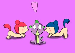 Size: 2100x1500 | Tagged: safe, artist:undeadponysoldier, spike, oc, oc:dolly, oc:molly, g4, blushing, canon x oc, cheek kiss, dollspike, female, heart, kiss sandwich, kissing, lucky bastard, male, smike, spike gets all the mares, spikelove, straight
