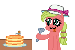 Size: 242x162 | Tagged: safe, artist:drypony198, pony, cowboys and equestrians, cute, food, fork, mad (tv series), mad magazine, maplejack, pancakes, plate, solo, syrup, tongue out