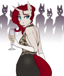 Size: 589x695 | Tagged: safe, artist:askbubblelee, oc, oc only, oc:golden letter, unicorn, anthro, unguligrade anthro, alcohol, anthro oc, clothes, crowd, dress, ear piercing, earring, evening gloves, female, glass, gloves, jewelry, long gloves, mare, piercing, silhouette, wine, wine glass