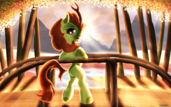 Size: 4000x2500 | Tagged: safe, artist:sweetbrew, autumn blaze, kirin, g4, backlighting, bipedal, bridge, crepuscular rays, female, forest, high res, leaning, looking at you, looking sideways, open mouth, outdoors, smiling, solo, sun