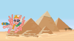 Size: 705x393 | Tagged: safe, artist:8-bitbrony, somnambula, pegasus, pony, g4, beautiful, desert, female, flying, hope, looking at you, mare, pixel art, pyramid, sky, solo, wings