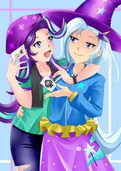 Size: 1681x2378 | Tagged: safe, artist:meielf, starlight glimmer, trixie, human, g4, abstract background, beanie, best friends, clothes, duo, equestria girls outfit, female, hat, humanized, open mouth, trixie's hat