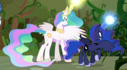Size: 682x377 | Tagged: safe, screencap, princess celestia, princess luna, alicorn, pony, g4, the beginning of the end, butt, concave belly, cropped, duo focus, everfree forest, female, jewelry, magic, mare, plot, raised hoof, regalia, royal sisters, siblings, sisters, slender, spread wings, thin, wings