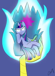 Size: 800x1100 | Tagged: safe, artist:asajiopie01, discord, twilight sparkle, alicorn, pony, g4, season 9, the beginning of the end, element of magic, evil, female, fire, jojo pose, sitting, solo focus, throne, twilight is anakin, twilight sparkle (alicorn), tyrant sparkle