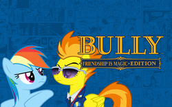 Size: 1920x1200 | Tagged: safe, artist:dashiesparkle edit, artist:kayman13, edit, rainbow dash, spitfire, pony, g4, bully, bully (video game), general, logo, logo edit, looking at each other, wonderbolts