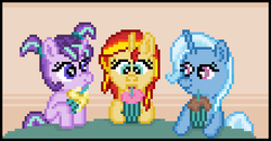 Size: 550x285 | Tagged: safe, artist:8-bitbrony, starlight glimmer, sunset shimmer, trixie, pony, unicorn, g4, cute, daaaaaaaaaaaw, diatrixes, drink, drinking, drinking straw, female, filly, filly starlight glimmer, filly sunset shimmer, filly trixie, glimmerbetes, hnnng, magical trio, mare, milkshake, pixel art, shimmerbetes, simple background, smiling, table, trio, younger